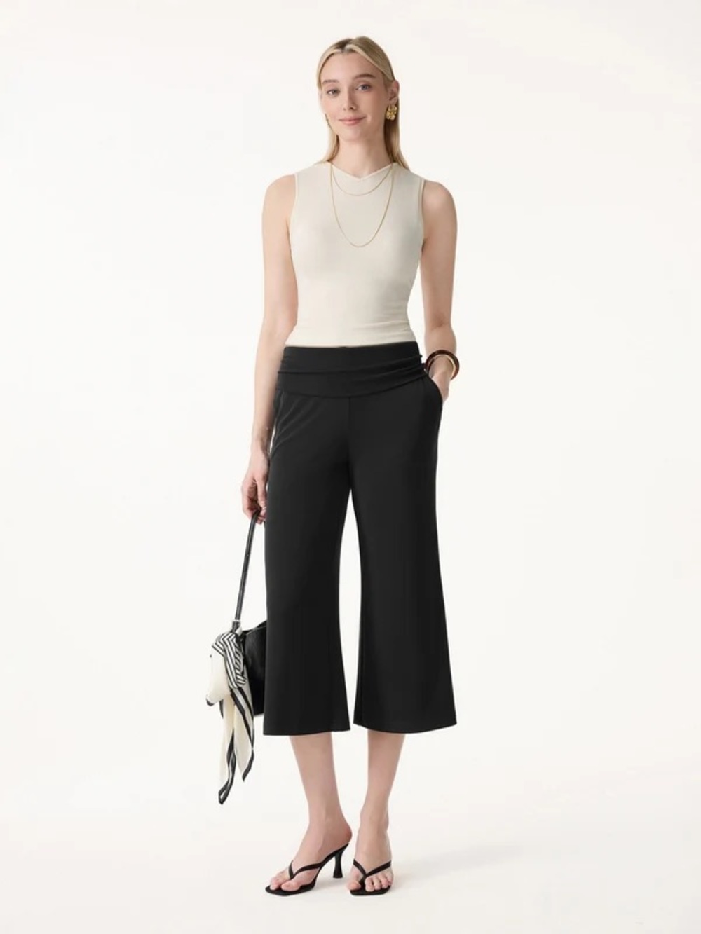 OGL Black Sandwashed Modal Fold-Down Waist Flared Leg Pants Size Medium
